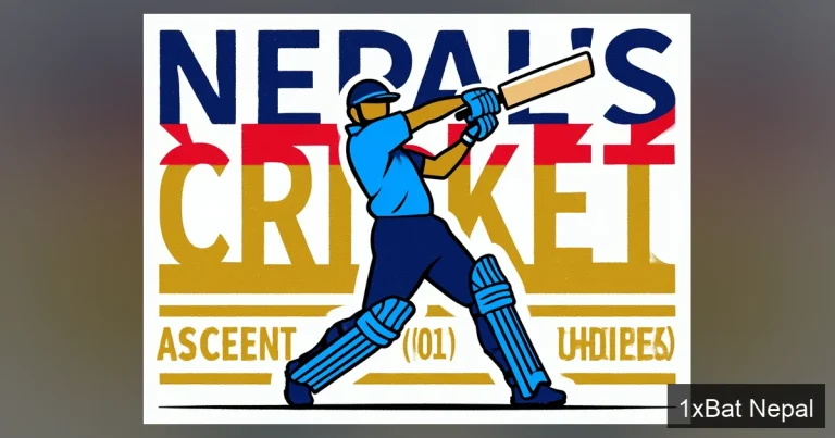 A bold, minimalist screen-printed poster of a Nepali cricketer hitting a six. Stylized flat vector art in navy blue, crimson, and gold with the text 'NEPAL'S CRICKET ASCENT'.