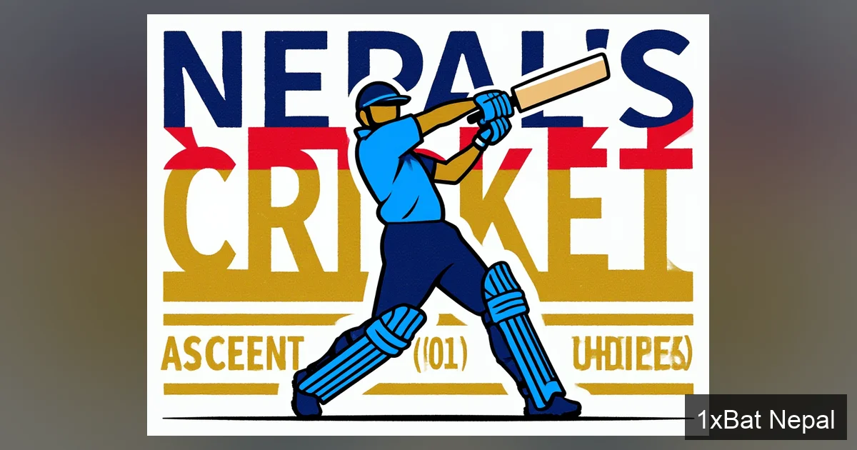 A bold, minimalist screen-printed poster of a Nepali cricketer hitting a six. Stylized flat vector art in navy blue, crimson, and gold with the text 'NEPAL'S CRICKET ASCENT'.