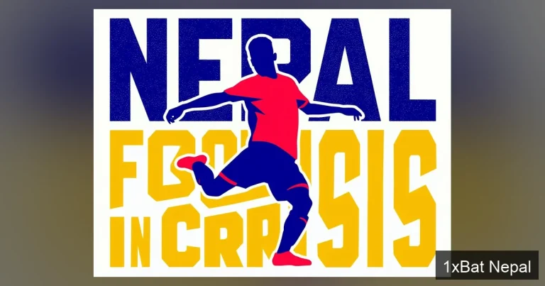 Flat vector art poster of a Nepali footballer in action with bold text 'NEPAL FOOTBALL IN CRISIS', representing the administrative conflict between ANFA and NSC threatening FIFA suspension.
