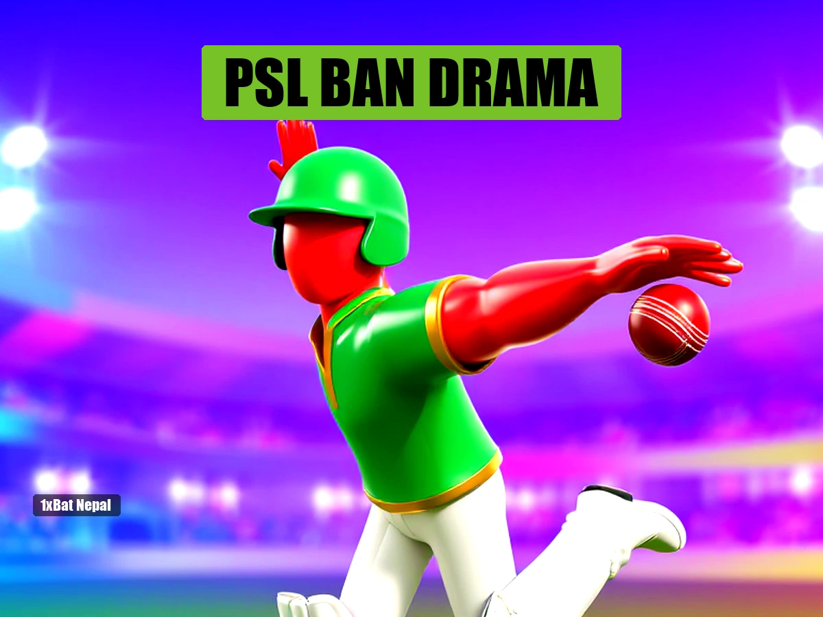 Faceless red-skinned cricketer in Pakistan green and gold jersey bowling dynamically in vibrant stadium, representing Blessing Muzarabani PSL ban controversy.