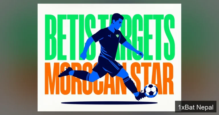 A flat vector art poster of a Moroccan footballer sprinting with the ball, featuring bold text 'BETIS TARGETS MOROCCAN STAR' in blocky typography, with a dark navy blue, green, and orange color scheme and halftone texture, representing Real Betis's free transfer pursuit.