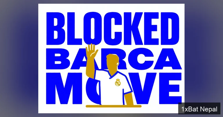 Screen-printed graphic poster of a Real Madrid footballer blocking a move to Barcelona with a stop hand gesture, featuring bold typography reading 'BLOCKED BARCA MOVE' in flat vector art with navy blue, white, and gold colors.