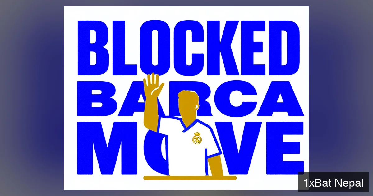 Screen-printed graphic poster of a Real Madrid footballer blocking a move to Barcelona with a stop hand gesture, featuring bold typography reading 'BLOCKED BARCA MOVE' in flat vector art with navy blue, white, and gold colors.
