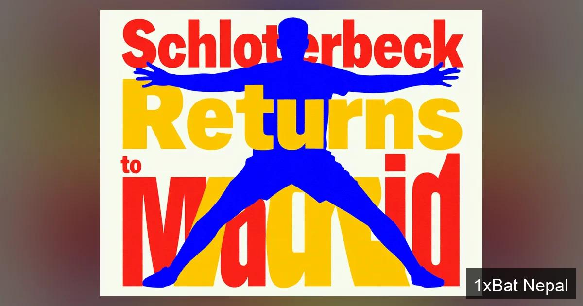 Flat vector art poster of Nico Schlotterbeck in defensive pose with bold text 'Schlotterbeck Returns to Madrid' for Real Madrid transfer news.