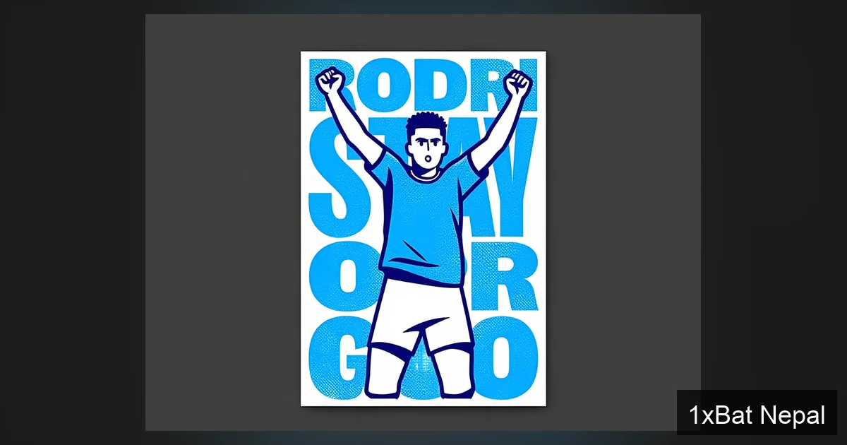 Flat vector art poster of Manchester City midfielder Rodri celebrating a goal, with bold text 'RODRI STAY OR GO' in the background, representing his contract decision and future at the club.