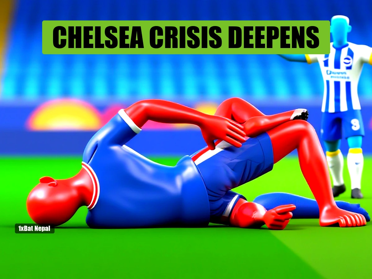 Faceless red-skinned Chelsea player slumped on pitch after 3-0 defeat to Brighton, with blue-skinned Brighton player celebrating in background