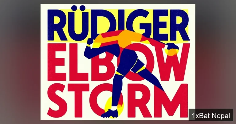 A bold, flat vector art poster of Real Madrid's Antonio Rüdiger executing an elbow challenge. Stylized in navy blue, crimson, and yellow with the headline 'RÜDIGER ELBOW STORM' in large block letters, representing the controversial incident against Bayern Munich's Josip Stanišić.
