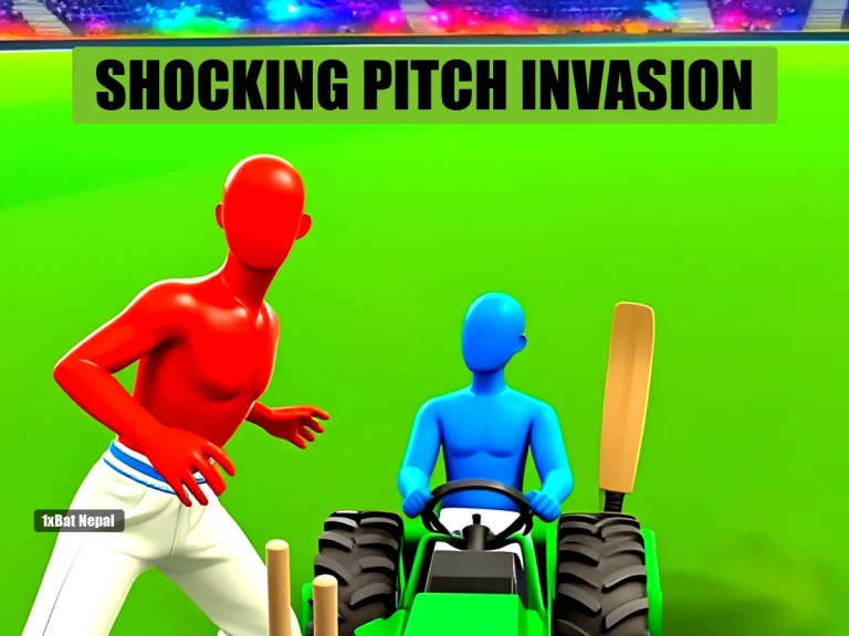 Shocking cricket pitch invasion: faceless red cricketer watches as blue-skinned figure drives tractor onto field, vandalizing pitch during match in vibrant stadium.
