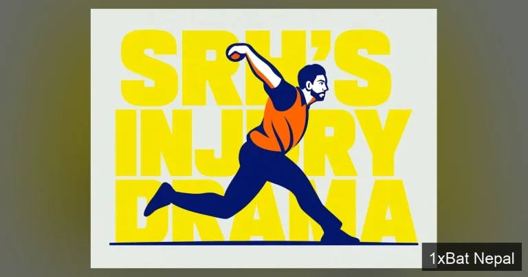 Screen-printed poster of SRH captain Pat Cummins bowling, with bold text 'SRH'S INJURY DRAMA' highlighting Sunrisers Hyderabad's IPL 2026 injury crisis featuring Pat Cummins return and David Payne ruled out.