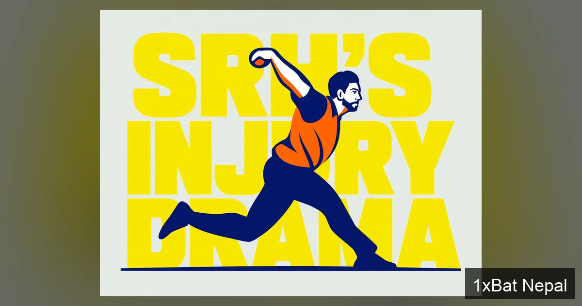 Screen-printed poster of SRH captain Pat Cummins bowling, with bold text 'SRH'S INJURY DRAMA' highlighting Sunrisers Hyderabad's IPL 2026 injury crisis featuring Pat Cummins return and David Payne ruled out.