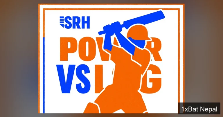 A flat vector art poster of a Sunrisers Hyderabad cricketer batting, with bold SRH POWER VS LSG text, illustrating the IPL 2026 match preview between SRH and Lucknow Super Giants.