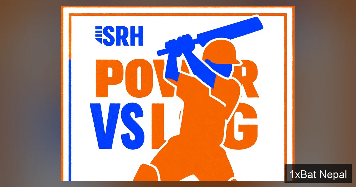 A flat vector art poster of a Sunrisers Hyderabad cricketer batting, with bold SRH POWER VS LSG text, illustrating the IPL 2026 match preview between SRH and Lucknow Super Giants.