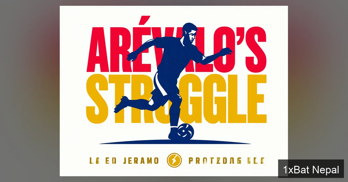 Flat vector art poster of Stuttgart's Jeremy Arévalo dribbling, with bold text 'ARÉVALO'S STRUGGLE' highlighting his Bundesliga adaptation challenges after a €7 million transfer.