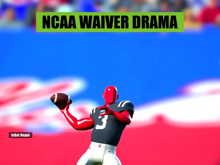 Faceless red-skinned quarterback in Ole Miss colors mid-throw in vibrant stadium, representing Trinidad Chambliss NCAA waiver uncertainty.