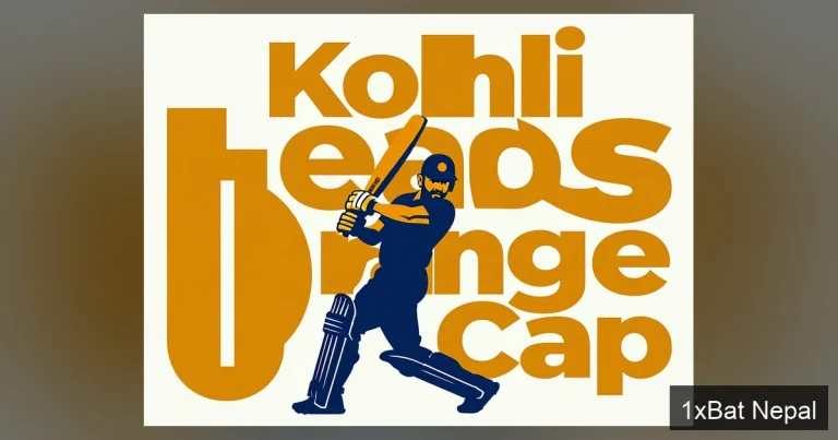 Flat vector art poster of Virat Kohli batting with bold text 'Kohli Leads Orange Cap' in IPL 2026 cricket tournament.