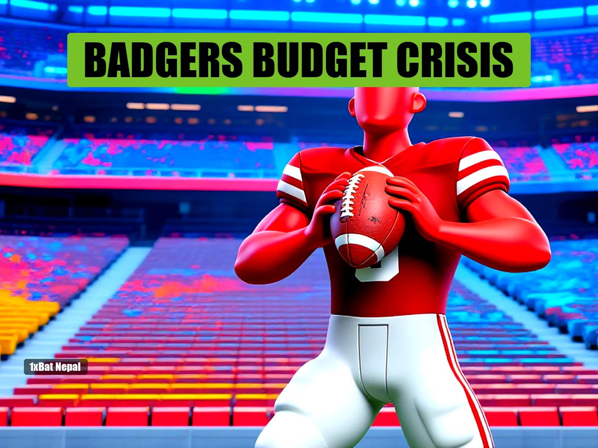 Faceless red-skinned Wisconsin Badgers football player in generic charcoal jersey looking at empty stadium seats, representing fan attendance crisis and budget impact with dynamic 3D rendering.