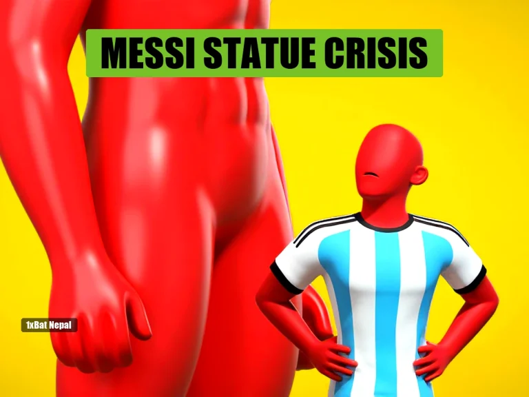 Faceless red-skinned humanoid figure in Argentina jersey standing next to a 70-foot Lionel Messi statue in Kolkata, India, with stadium background