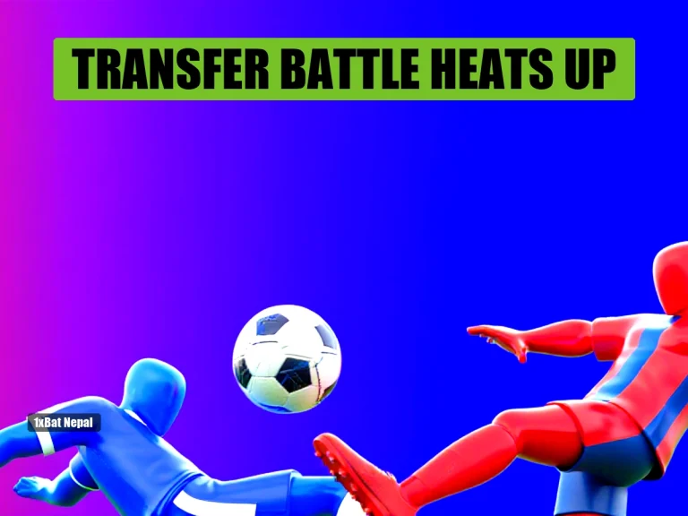 Faceless red-skinned Barcelona player in blue and red striped jersey kicking a football while a faceless blue-skinned Chelsea player in royal blue jersey tries to block, in a vibrant stadium with dynamic lighting.