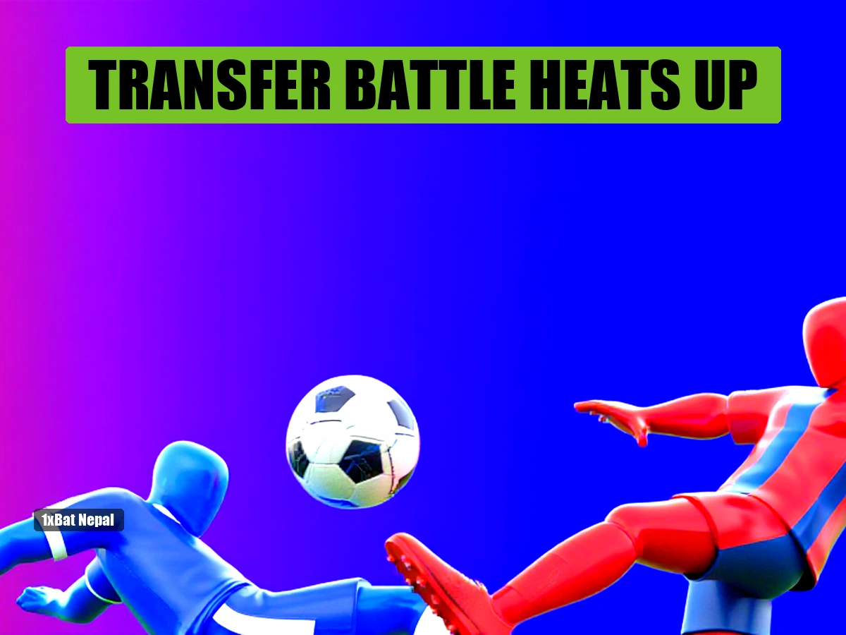 Faceless red-skinned Barcelona player in blue and red striped jersey kicking a football while a faceless blue-skinned Chelsea player in royal blue jersey tries to block, in a vibrant stadium with dynamic lighting.