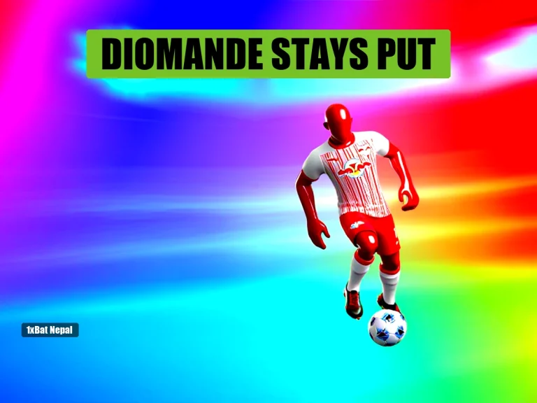 Faceless red-skinned footballer in RB Leipzig kit dribbling a ball in a vibrant stadium, representing Diomande's commitment to the club.