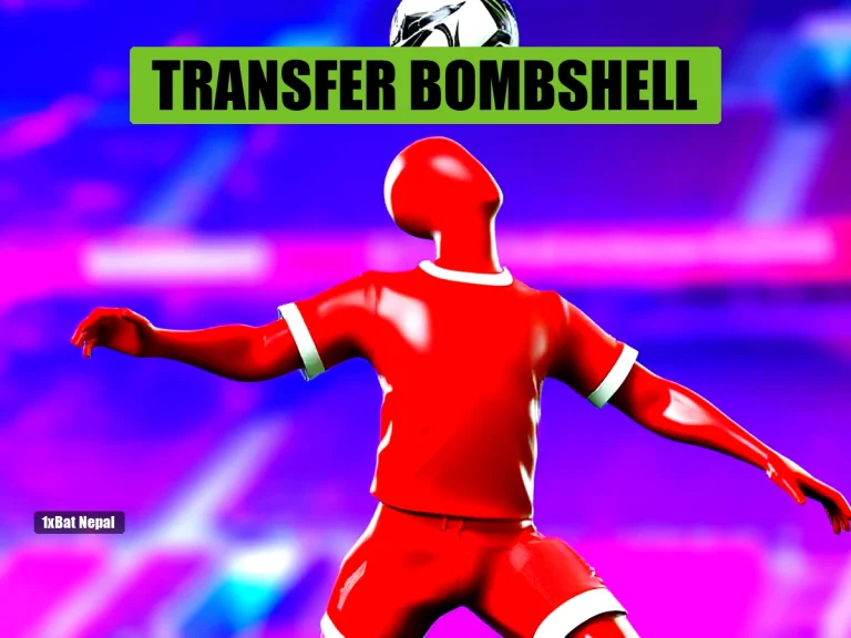 Faceless red-skinned humanoid figure in Liverpool kit leaping to head a football in a vibrant stadium, representing Ousmane Diomande transfer news.