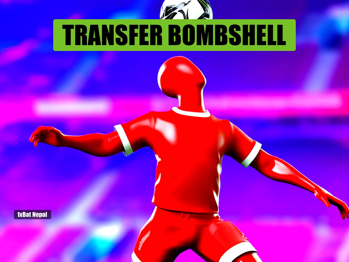 Faceless red-skinned humanoid figure in Liverpool kit leaping to head a football in a vibrant stadium, representing Ousmane Diomande transfer news.