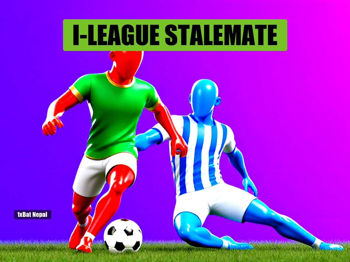 Faceless red-skinned Gokulam Kerala player dribbling past a blue-skinned opponent in an I-League match at a vibrant stadium