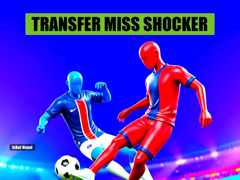 Faceless red-skinned PSG player in blue and red striped jersey kicking a football, with a faceless blue-skinned Bayern Munich opponent in red jersey, vibrant stadium background