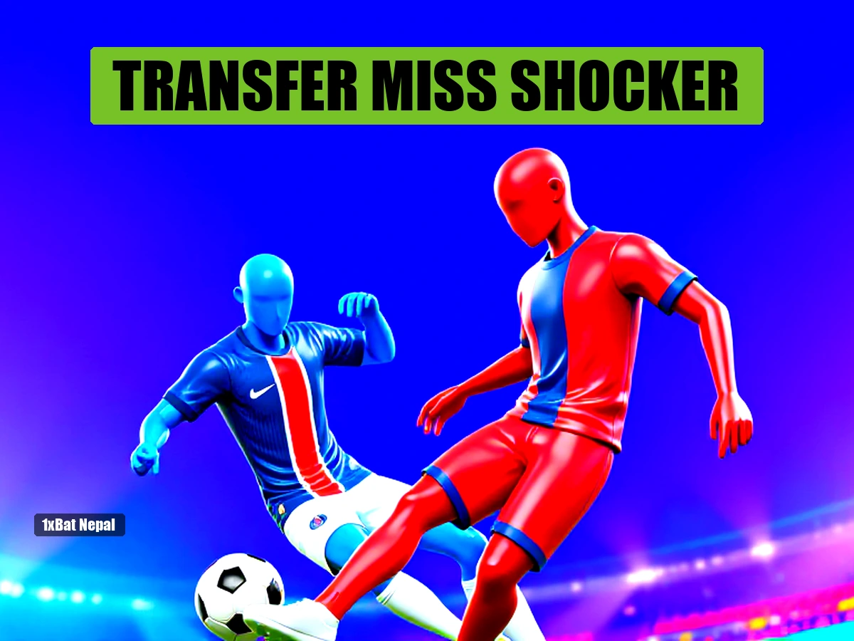 Faceless red-skinned PSG player in blue and red striped jersey kicking a football, with a faceless blue-skinned Bayern Munich opponent in red jersey, vibrant stadium background