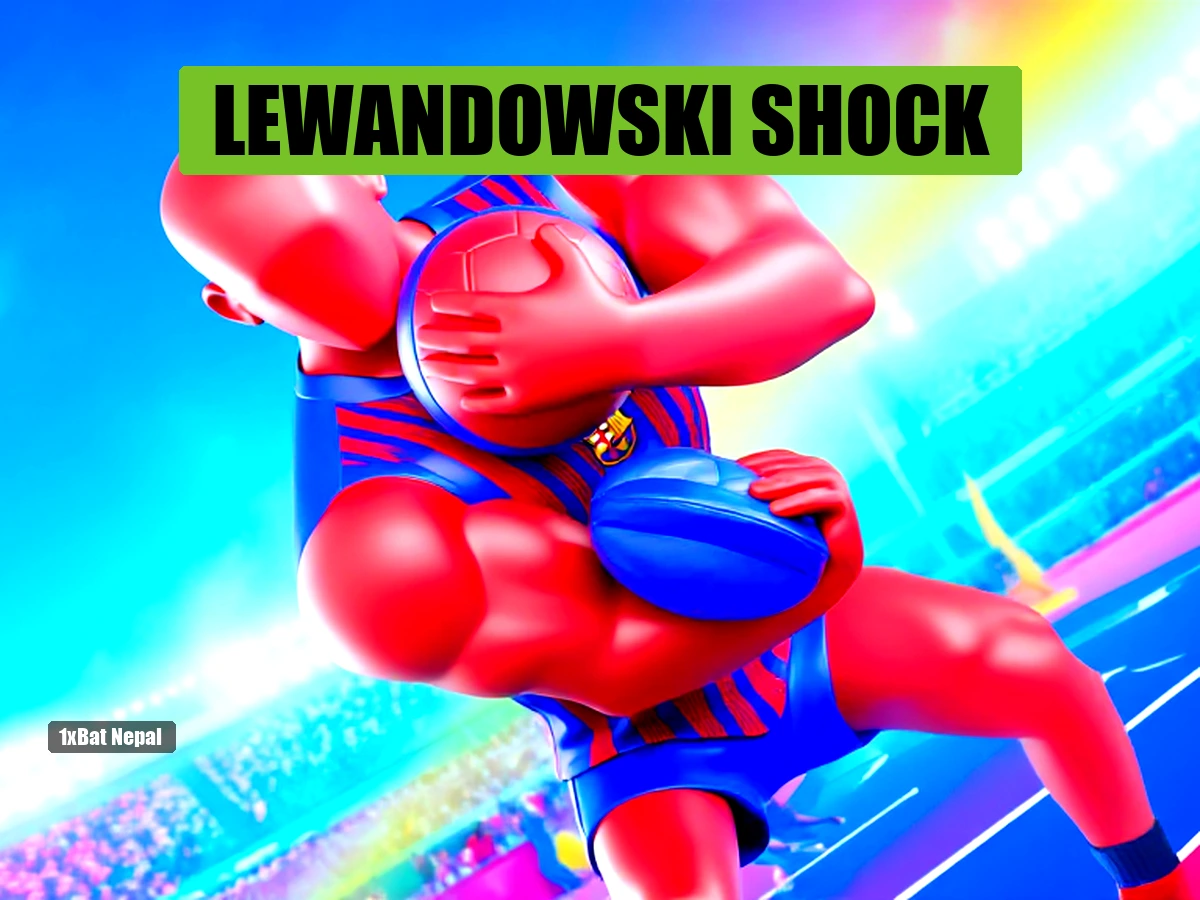 Robert Lewandowski faceless red-skinned figure in Barcelona kit holding football in stadium background
