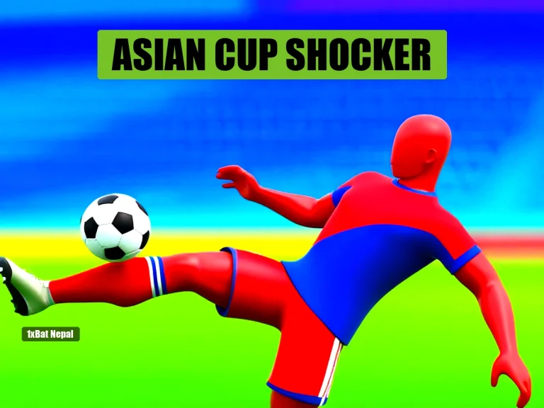 Faceless red-skinned Malaysia player in yellow-green jersey kicking ball against faceless blue-skinned Nepal player in red-blue jersey in stadium