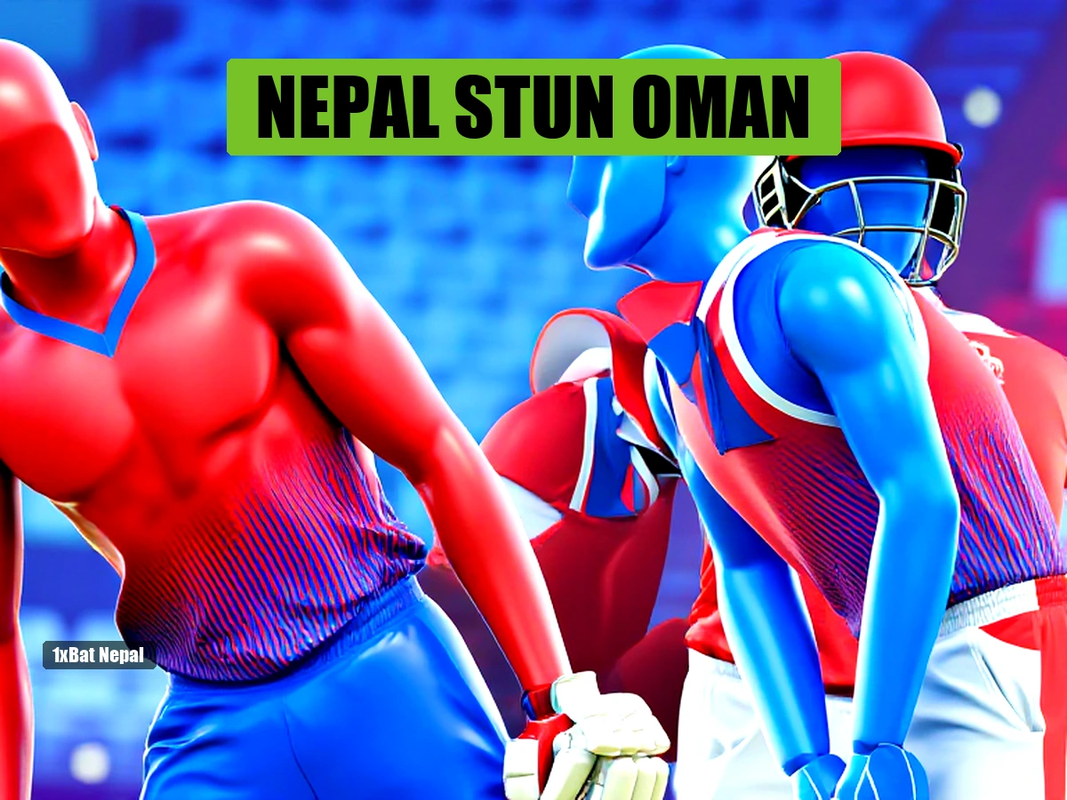 Faceless red-skinned Nepal cricket player celebrating victory over faceless blue-skinned Oman player in ICC Cricket World Cup League 2 match at Kirtipur stadium