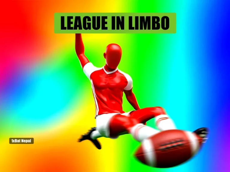 Faceless red-skinned football player in Church Boys United kit kicking a ball in a vibrant stadium, representing Nepal National League suspension drama.