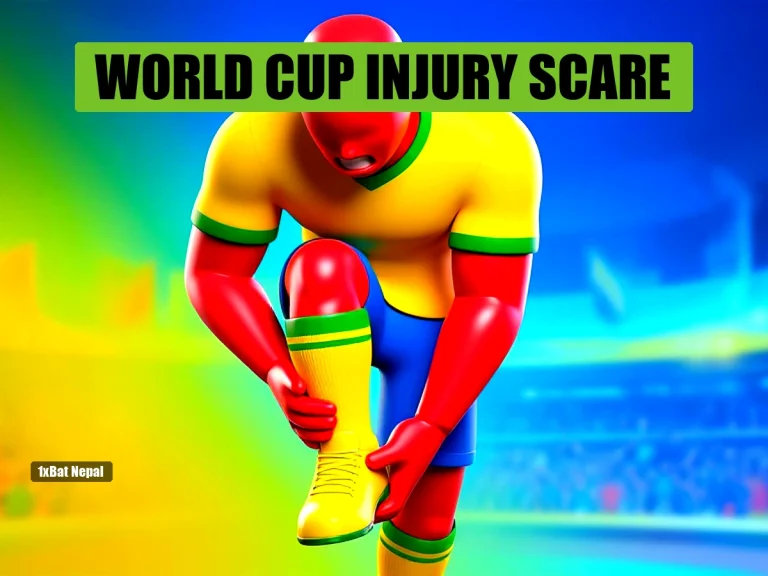Faceless red-skinned humanoid in Brazil yellow jersey clutching calf injury on vibrant stadium background