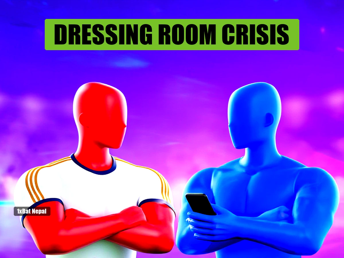 Real Madrid dressing room crisis: faceless red protagonist player confronts blue mole leaker in training kit, stadium background