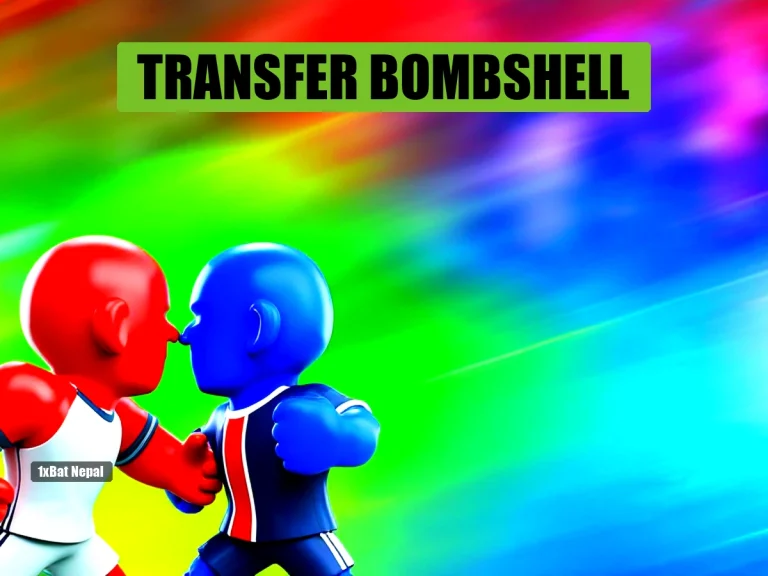 Faceless red-skinned figure in Real Madrid kit confronts faceless blue-skinned figure in PSG kit on a football pitch, representing transfer tension.