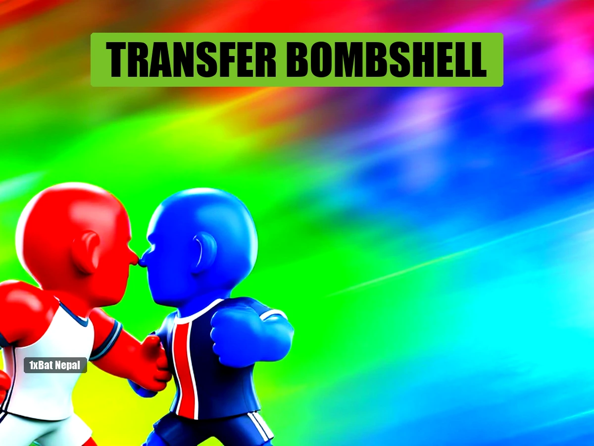 Faceless red-skinned figure in Real Madrid kit confronts faceless blue-skinned figure in PSG kit on a football pitch, representing transfer tension.