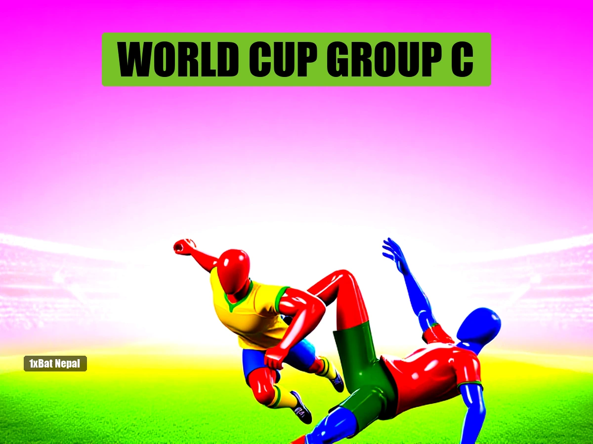Faceless red-skinned Brazil player dribbling past faceless blue-skinned Morocco defender in a World Cup 2026 Group C match at a vibrant stadium.