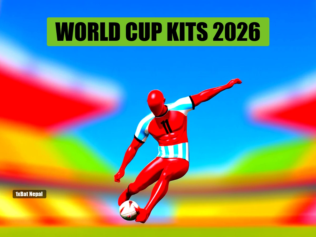 Faceless red-skinned humanoid in Argentina World Cup 2026 kit kicking a football in a vibrant stadium background