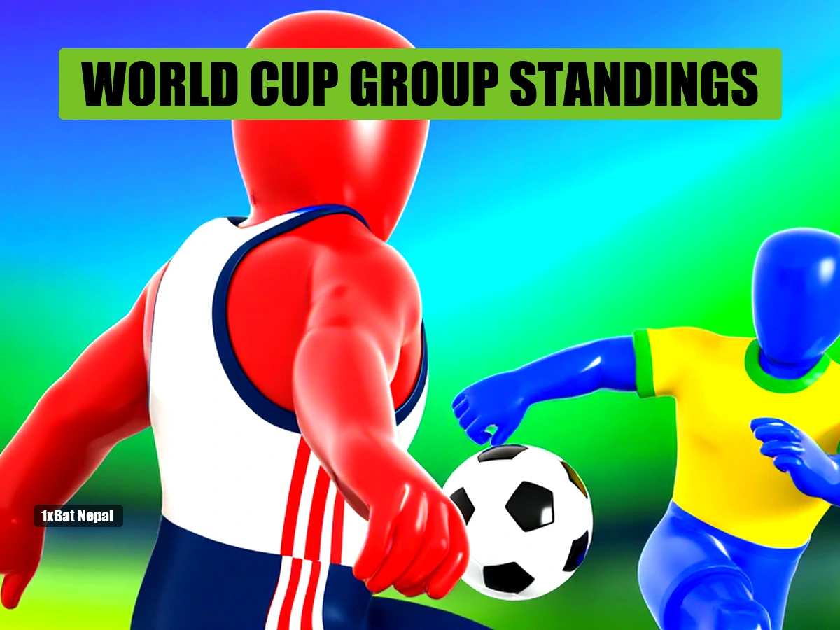 2026 World Cup group stage standings with USA vs Brazil match action featuring faceless red and blue mannequin players in a stadium