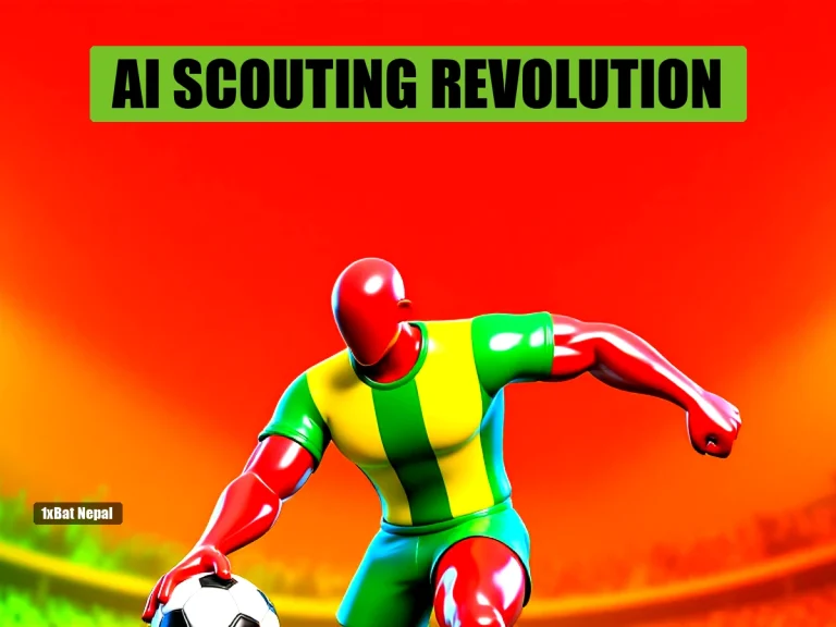 AI scouting football talent: faceless red-skinned player in Brazil jersey dribbling ball in stadium