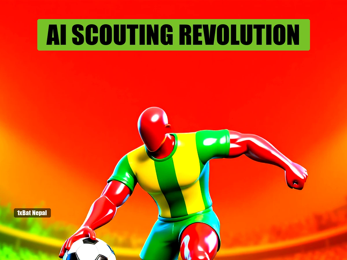 AI scouting football talent: faceless red-skinned player in Brazil jersey dribbling ball in stadium