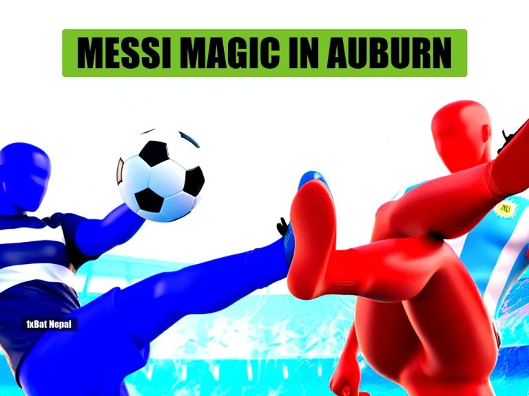 Faceless red-skinned humanoid in Argentina jersey kicking a soccer ball, with blue-skinned Iceland opponent, in a vibrant stadium background