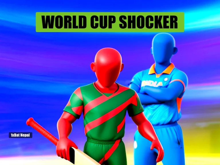 Faceless red-skinned Bangladesh cricketer in green and red jersey holding bat dejectedly with blue-skinned India opponent in background at stadium