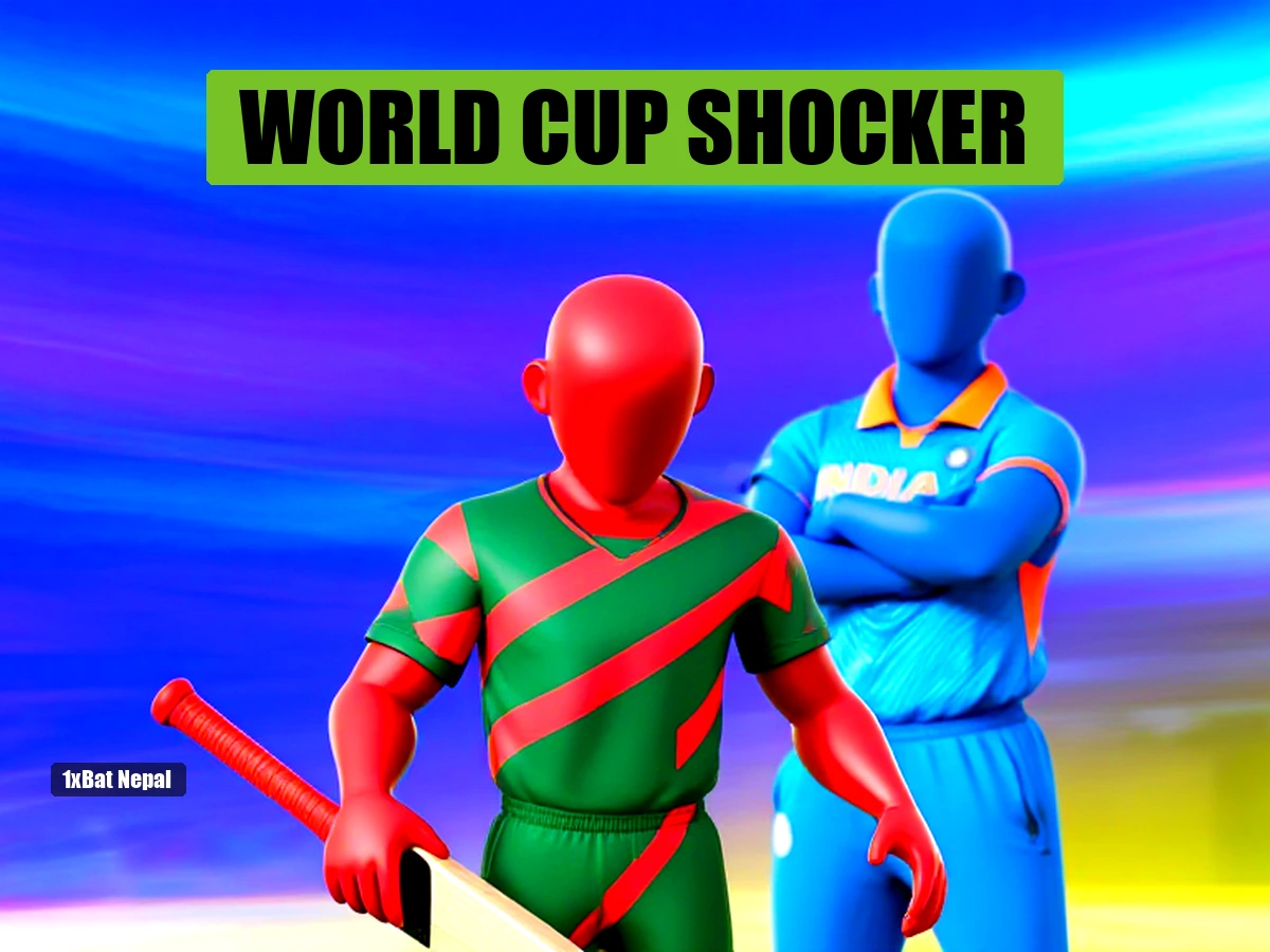 Faceless red-skinned Bangladesh cricketer in green and red jersey holding bat dejectedly with blue-skinned India opponent in background at stadium