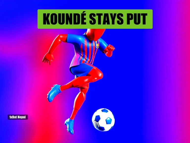 Faceless red-skinned humanoid in Barcelona jersey heading a football in a vibrant stadium