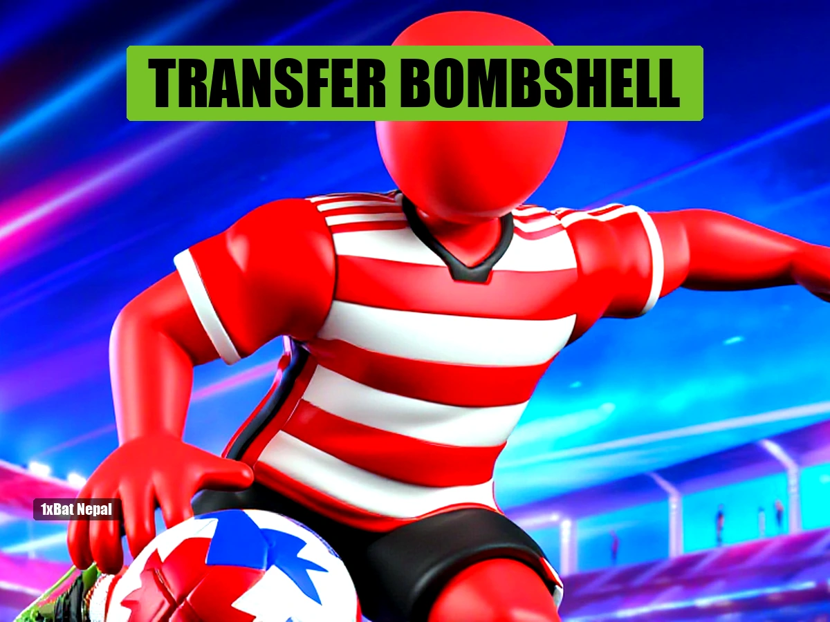 Faceless red-skinned footballer in Brentford-style jersey dribbling a ball on a vibrant stadium background for transfer news article