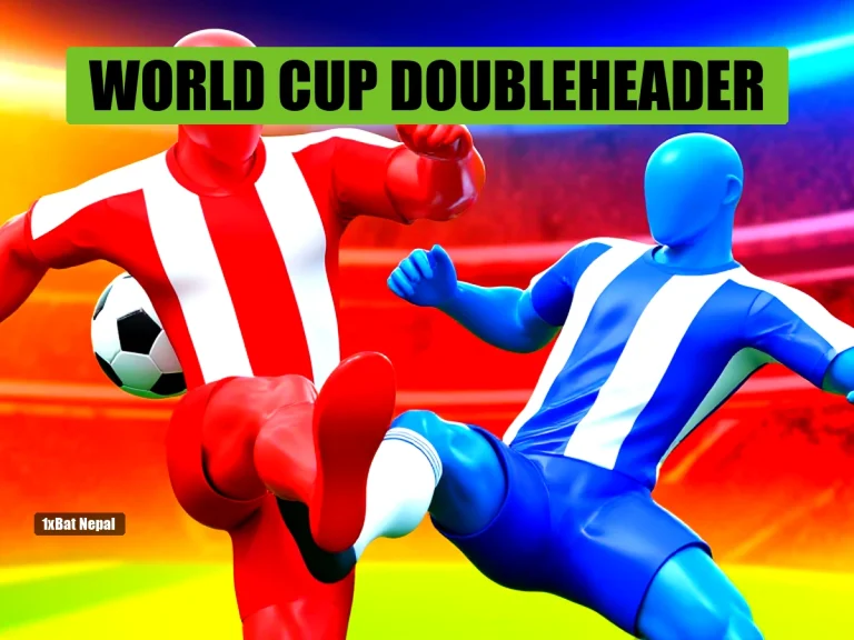 Faceless red-skinned Canada player in red and white striped jersey kicking a soccer ball while a faceless blue-skinned Bosnia-Herzegovina player in blue and white striped jersey attempts a tackle in a vibrant stadium background.