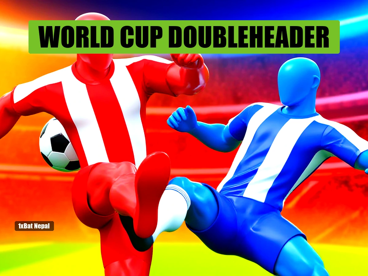 Faceless red-skinned Canada player in red and white striped jersey kicking a soccer ball while a faceless blue-skinned Bosnia-Herzegovina player in blue and white striped jersey attempts a tackle in a vibrant stadium background.