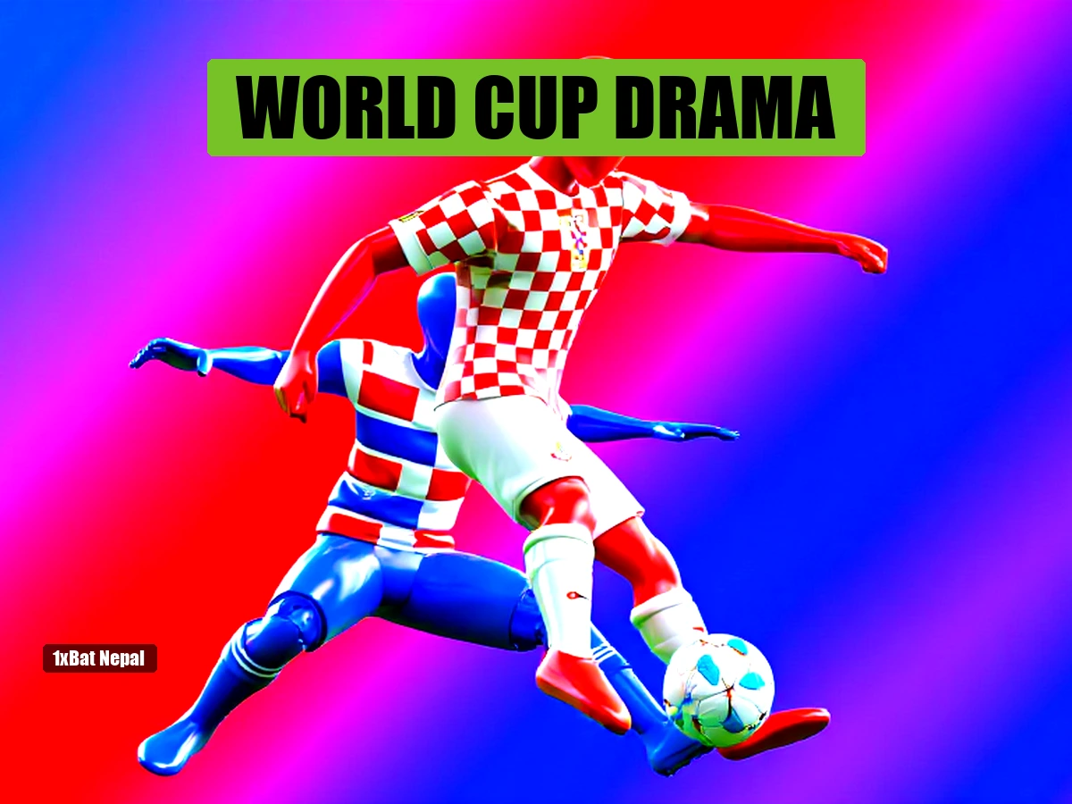 Faceless red-skinned Croatia player in checkerboard jersey kicking a football while a faceless blue-skinned Panama player in striped jersey slides in for a tackle in a World Cup 2026 match at BMO Field Toronto.